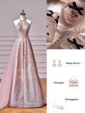 Glamour Ball Gown High Neck Pink Sequins Long Prom Dresses Party Dress 20th Birthday Outfits Prom Gowns HZ0311
