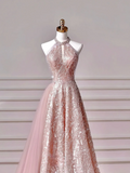 Glamour Ball Gown High Neck Pink Sequins Long Prom Dresses Party Dress 20th Birthday Outfits Prom Gowns HZ0311