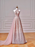 Glamour Ball Gown High Neck Pink Sequins Long Prom Dresses Party Dress 20th Birthday Outfits Prom Gowns HZ0311