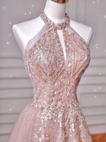 Glamour Ball Gown High Neck Pink Sequins Long Prom Dresses Party Dress 20th Birthday Outfits Prom Gowns HZ0311