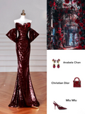 Glitter Mermaid Sweetheart Burgundy With Short Sleeves Sequins Long Formal Prom Dresses Dance Night Outfits Evening Birthday Outfit HZ0311