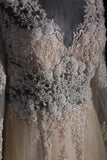 Elegant Women's A line V Neck With Long Sleeves Champagne Lace Floor Length Wedding Gowns Dresses HZ0311