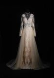 Elegant Women's A line V Neck With Long Sleeves Champagne Lace Floor Length Wedding Gowns Dresses HZ0311