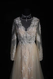 Elegant Women's A line V Neck With Long Sleeves Champagne Lace Floor Length Wedding Gowns Dresses HZ0311