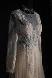 Elegant Women's A line V Neck With Long Sleeves Champagne Lace Floor Length Wedding Gowns Dresses HZ0311
