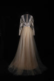 Elegant Women's A line V Neck With Long Sleeves Champagne Lace Floor Length Wedding Gowns Dresses HZ0311