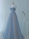 Charming Ball Gown Spaghetti Straps Dusty Blue Tulle Long Prom Dresses Impress 18th Birthday Outfits Prom Gown HZ0311
