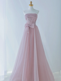 Simple A Line Strapless Pink Tulle Long Formal Prom Dresses Dance Night Outfits Evening Birthday Outfit HZ0311