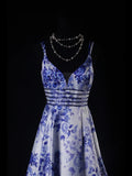 Vintage A line Spaghetti Straps Floral Royal Blue Satin Long Formal Old 1950s Prom Dresses Night Outfits Party Gowns HZ0311
