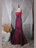 Classy Prom Dresses 1950s Mermaid One Shoulder Floral Burgundy Wine Red Long Parties Gowns Evening Dress HZ0311
