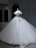 Princess Long Wedding Gowns Ball Gown Off The Shoulder Style for Bride With Short Sleeves Train White Bridal Dresses HZ0311