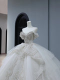 Princess Long Wedding Gowns Ball Gown Off The Shoulder Style for Bride With Short Sleeves Train White Bridal Dress HZ0311