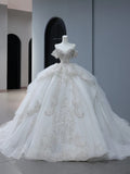 Princess Long Wedding Gowns Ball Gown Off The Shoulder Style for Bride With Short Sleeves Train White Bridal Dress HZ0311