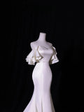 Simple Long Wedding Dresses Mermaid Off The Shoulder With Short Sleeves Silky Satin Style For Brides White Fitted Bridal Dresses HZ0311