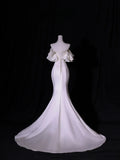 Simple Long Wedding Dresses Mermaid Off The Shoulder With Short Sleeves Silky Satin Style For Brides White Fitted Bridal Dresses HZ0311