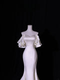 Simple Long Wedding Dresses Mermaid Off The Shoulder With Short Sleeves Silky Satin Style For Brides White Fitted Bridal Dresses HZ0311