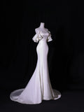 Simple Long Wedding Dresses Mermaid Off The Shoulder With Short Sleeves Silky Satin Style For Brides White Fitted Bridal Dresses HZ0311