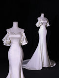 Simple Long Wedding Dresses Mermaid Off The Shoulder With Short Sleeves Silky Satin Style For Brides White Fitted Bridal Dresses HZ0311