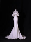Simple Long Wedding Dresses Mermaid Off The Shoulder With Short Sleeves Silky Satin Style For Brides White Fitted Bridal Dresses HZ0311