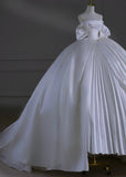 Princess Long Wedding Gowns Ball Gown Strapless Short Sleeves Satin for Bride With Sleeves Pleated Train White Bridal Dress HZ0311