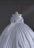 Princess Long Wedding Gowns Ball Gown Strapless Short Sleeves Satin for Bride With Sleeves Pleated Train White Bridal Dress HZ0311