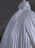 Princess Long Wedding Gowns Ball Gown Strapless Short Sleeves Satin for Bride With Sleeves Pleated Train White Bridal Dress HZ0311