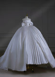 Princess Long Wedding Gowns Ball Gown Strapless Short Sleeves Satin for Bride With Sleeves Pleated Train White Bridal Dress HZ0311