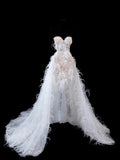 Timeless Women's A Line Strapless Sleeveless White Lace With Feathers Short Vintage Fitted 1920s Wedding Dresses HZ0311