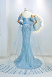 Modest Mermaid Off The Shoulder Blue Sequin Beaded Prom Dresses Long Party Dress Evening Outfits Graduation Dress HZ0311