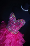 Chic Ball Gown Sweetheart Hot Pink Tulle Beads Short 18th Birthday Dress Homecoming Dresses Cocktail Gown HZ0311