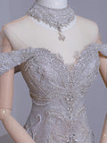 Cute Mermaid Off The Shoulder Silver With Short Sleeves Beads Long Prom Dresses Formal Party Dress Prom Gown HZ0311