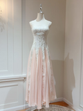 Modest a line spaghetti straps pink chiffon lace prom dress formal party dresses HZ0311