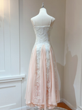 Modest a line spaghetti straps pink chiffon lace prom dress formal party dresses HZ0311