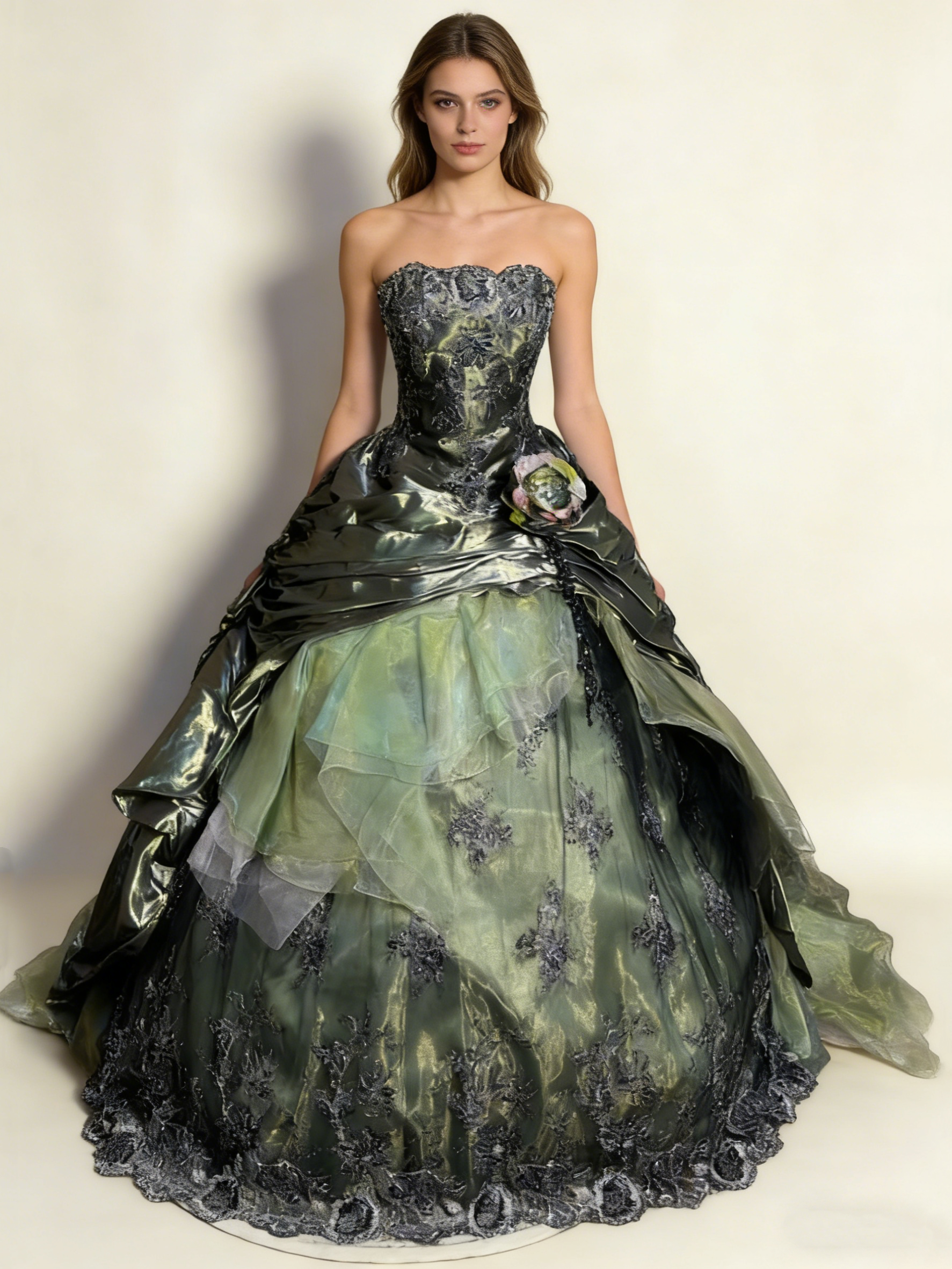 Green Strapless A-Line Satin Lace Long Evening Dress Birthday Ball Gown, HZ0427