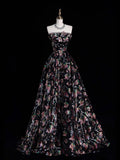 Whimsical Ball Gown Strapless Black Floral Sequin Pleated Bodice Long Prom Dresses Night Formal Dress HZ0311