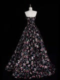 Whimsical Ball Gown Strapless Black Floral Sequin Pleated Bodice Long Prom Dresses Night Formal Dress HZ0311