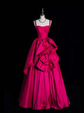 Elegant Ball Gown Spaghetti Strap Hot Pink Satin Floral Long Evening Dresses Semi Prom Formal Gown HZ0311