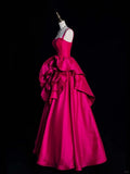 Elegant Ball Gown Spaghetti Strap Hot Pink Satin Floral Long Evening Dresses Semi Prom Formal Gown HZ0311