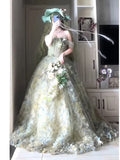 Princess Ball Gown Strapless Floral Forest Green Tulle Bodice Prom Dresses Inspiration Long Party Night Gowns 20th Birthday Outfits HZ0311