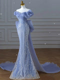 Modest Prom Dresses Aesthetic Mermaid Off The Shoulder Blue Inspiration Style Impress With Short Sleeves Long Party Formal Gown HZ0311
