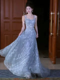 Beautiful Ball Gown Square Neck Blue Long Sequin Prom Dresses Party Dress 16th Birthday Outfits Graduation Dress HZ0311