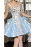 Glitter Ball Gown Sweetheart Blue Sequins Short 16th Birthday Dress Homecoming Dresses Cocktail Gown HZ0311