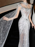 Luxurious Wedding Dresses Mermaid Scoop Neck Long Sleeves Silver Gray With Cape Sequins Brides Dress For Brides Fitted Bridal Gowns HZ0311