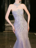 Modest Mermaid Strapless Lilac Sequins Prom Dresses Inspiration Long Party Evening Dress 21st Birthday Outfits HZ0311