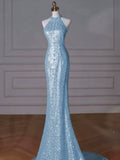 Modest Mermaid High Neck Blue Sequins Prom Dresses Inspiration Long Party Night Evening Dress 19th Birthday Outfits HZ0311