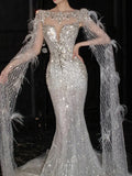 Luxurious Wedding Dresses Mermaid Scoop Neck Long Sleeves Silver Sequins Brides Dress Style For Brides Fitted Bridal Gowns HZ0311