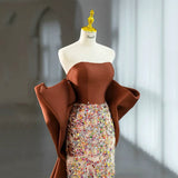 Modest Mermaid Strapless Floral Sequins Brown Prom Dresses Inspiration Long Party Night Evening Dress 19th Birthday Outfits HZ0311