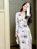 Elegant Sheath V Neck Long Sleeves Floral Lilac Bodycon Pleated Prom Dress Graduation Birthday Holiday Outfits HZ0311