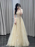 Unique A line Off The Shoulder Gold With Short Sleeves Prom Dresses Inspiration Party Night Gowns 20th Birthday Outfits HZ0311