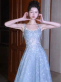 Beautiful Ball Gown Square Neck Blue Long Sequin Prom Dresses Party Dress 16th Birthday Outfits Graduation Dress HZ0311